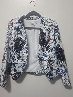 Printed Women's Blazer Jacket in White with Black & Blue Accents